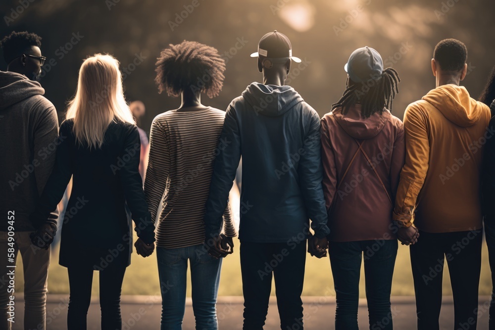 Poster a group of people standing in a line with their backs to the camera hostel advertising photography d