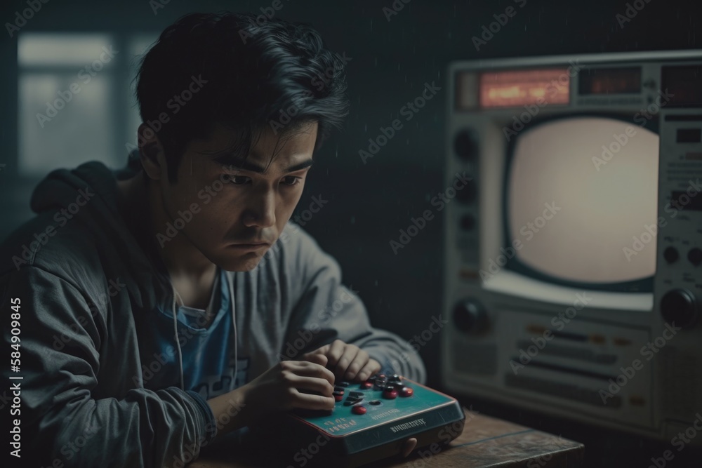 Poster a man sitting at a table with a game controller in front of him arcade film making gaming generative