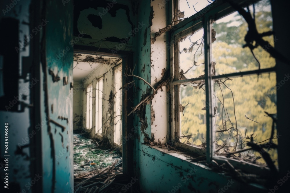Poster a run down building with a broken window and vines growing out of it abandoned building documentary 