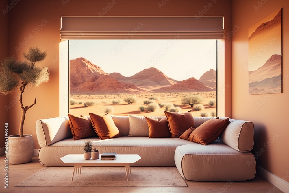 Poster a living room with a couch and a table in front of a window desert color field painting interior des