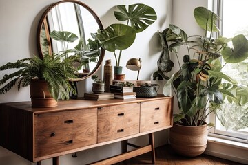 Plants on an old oak sideboard and a circular mirror with a leather strap over it. Generative AI
