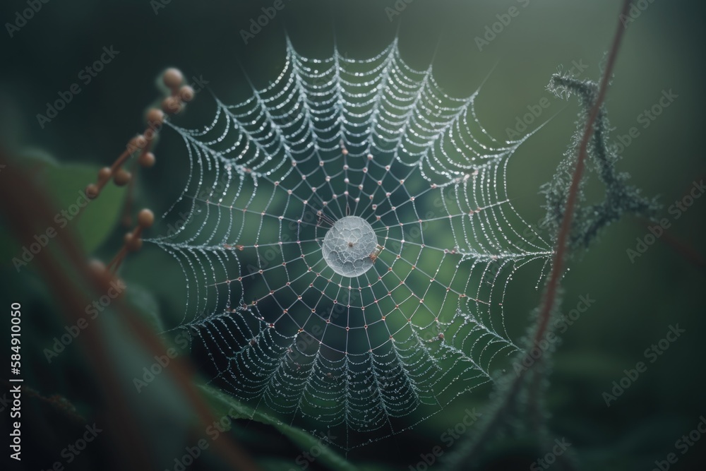 Poster a spider web with dew drops on it's surface in the forest zoo macro photography web design generativ