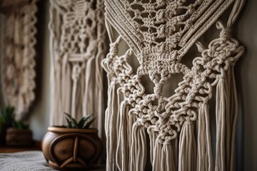 Fototapeta na wymiar Macrame wall decor for warm boho home, handmade bedroom decorating, gorgeous cotton knots art from rope, bohemian house fashion. Generative AI