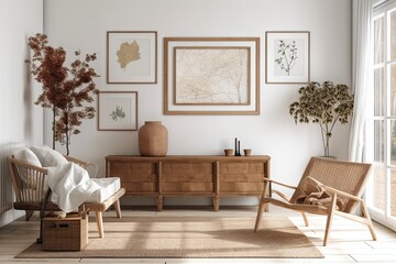 Antique wooden frame imitation in Scandinavian farmhouse living room,. Generative AI