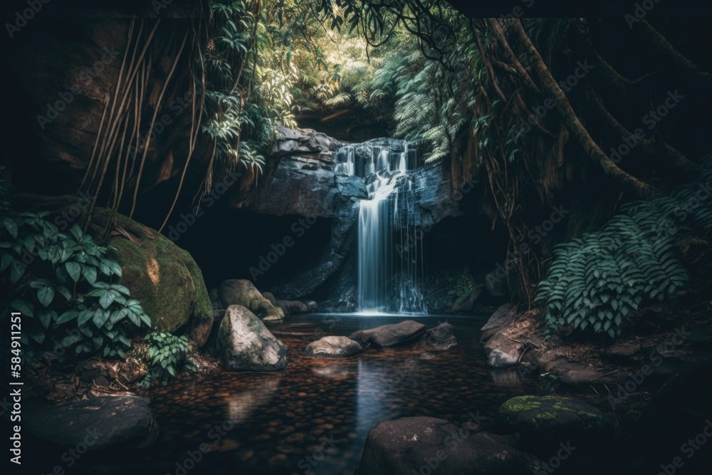 Aufkleber a waterfall in a jungle with rocks and trees around it and a stream running through the middle rainf