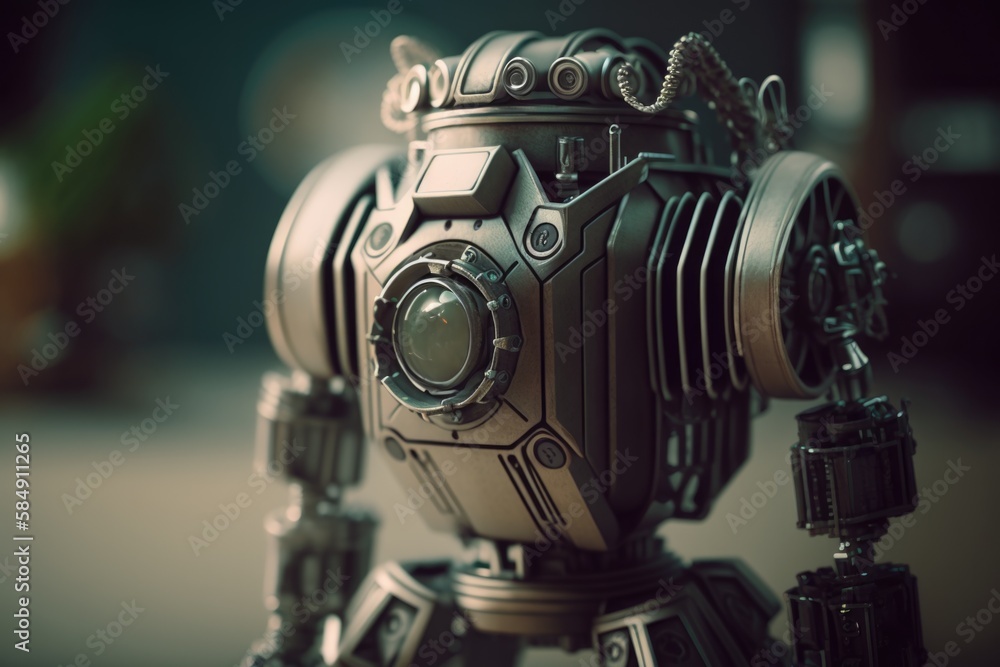 Aufkleber a robot made of metal with a camera on it's head junkyard photorealism artificial intelligence gener