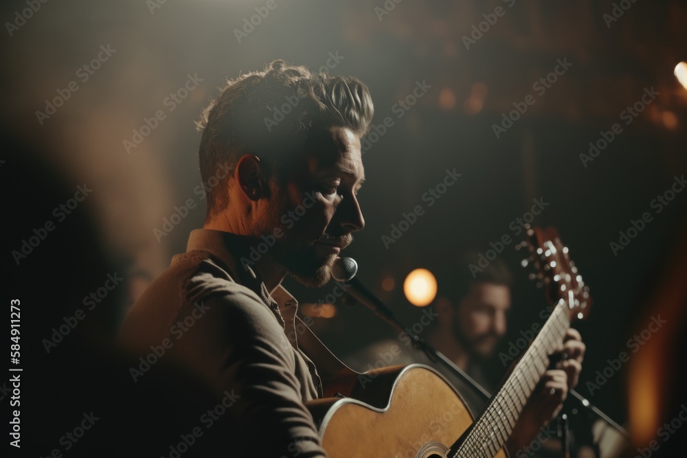 Aufkleber a man playing a guitar in a dark room with a microphone recording studio performance photography liv