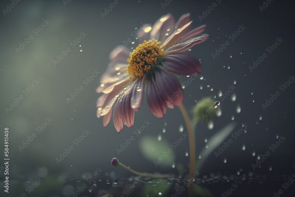 Poster a flower with water droplets on it and a dark background with a drop of water urban park in the morn