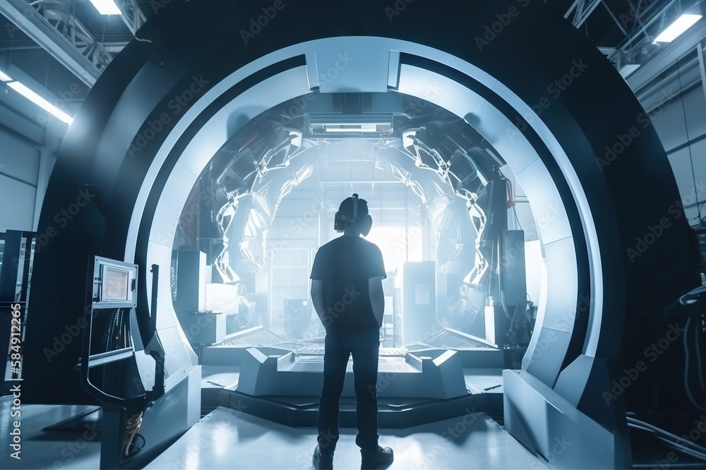 Poster a man standing in a large room with a large window in it construction site realism virtual reality