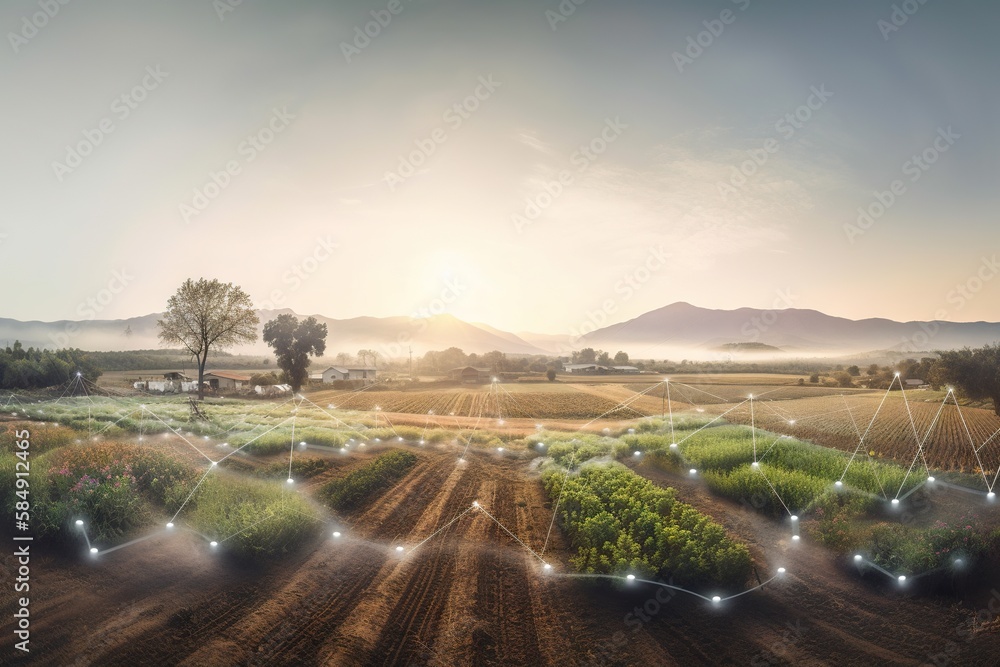 Poster a field with a network of connected lines on it and a tree in the middle farm panoramic photography 