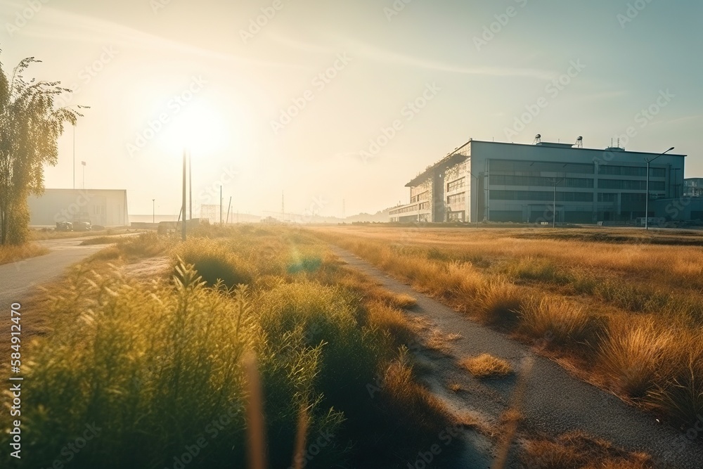 Poster a road with a building in the background and a field with tall grass abandoned warehouse in the afte