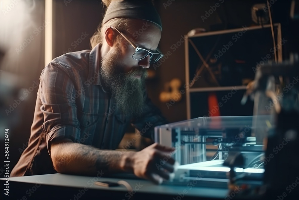 Poster a man with a beard and glasses working on a project in a dark room workshop advertising photography 