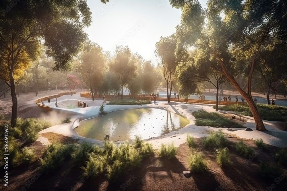 Poster a rendering of a park with a pond and trees in the background urban park at sunrise environmental ar