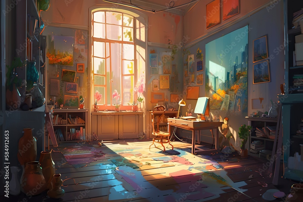 Poster a room with a desk and a chair in it with a large window classroom photorealism painting generative 