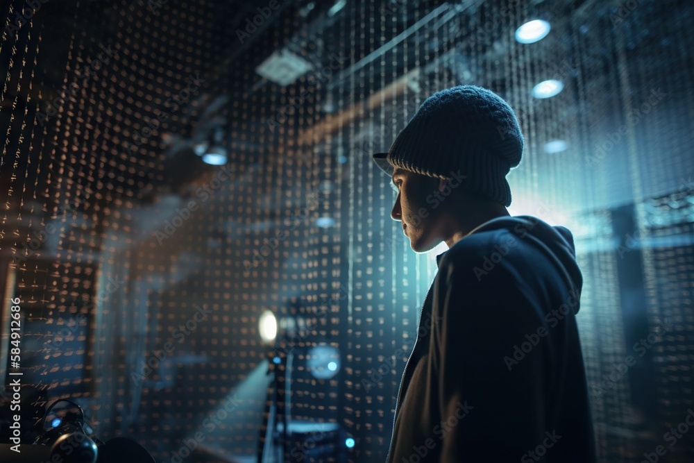 Poster a man in a beanie looking at a screen with lights recording studio film making lighting design gener