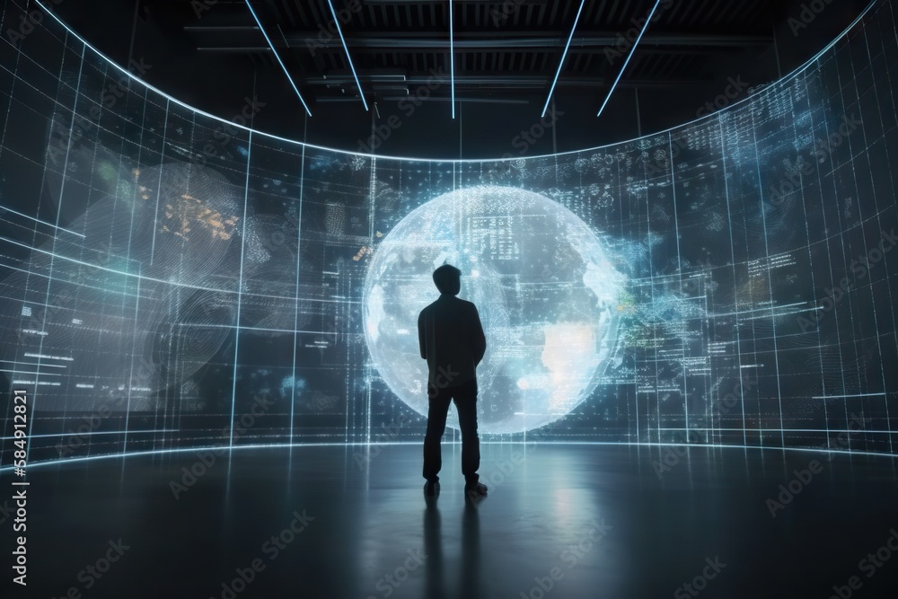 Poster a man standing in front of a large screen with a picture of a planet conference room video art data 