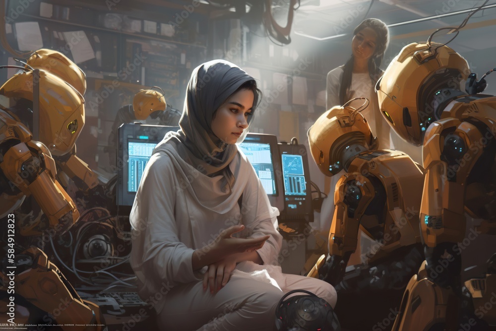 Poster a woman sitting in front of a group of robots in a room workshop renaissance robotics engineering ge