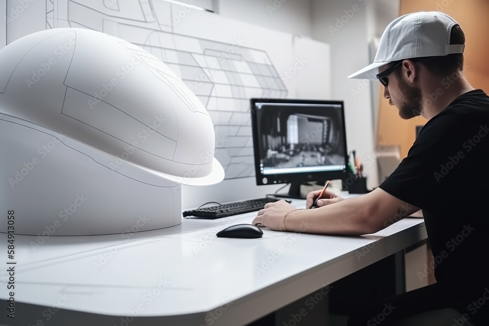 Poster a man sitting at a desk with a computer and a large white object workshop photorealism architectural