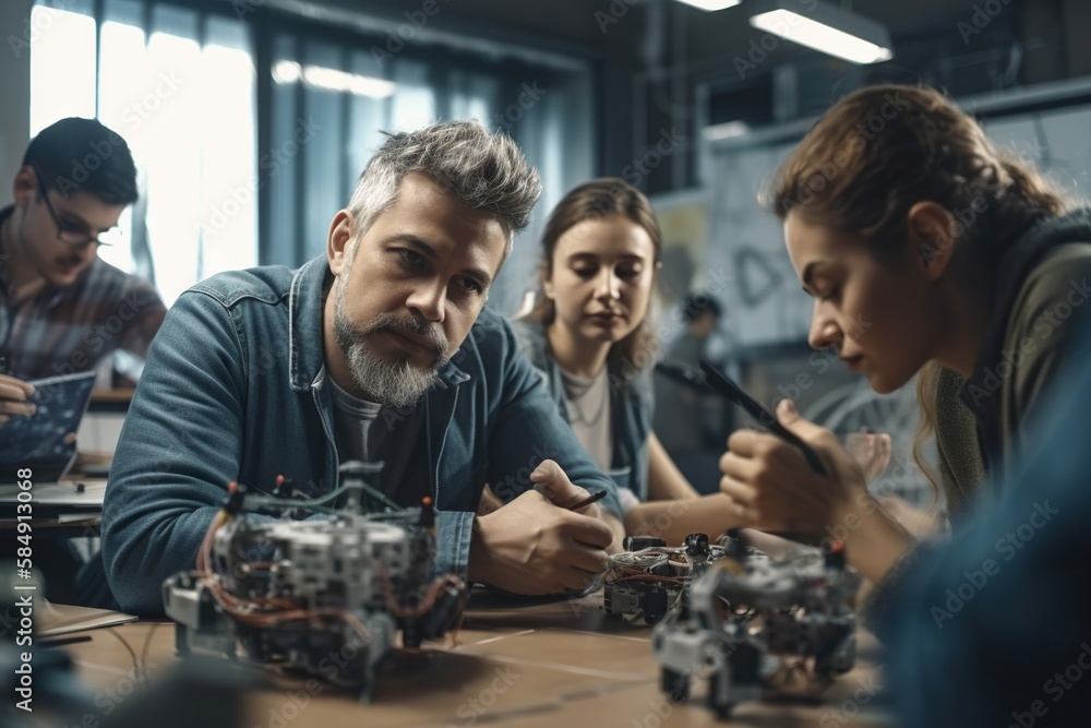 Poster a group of people sitting around a table working on a project workshop advertising photography robot