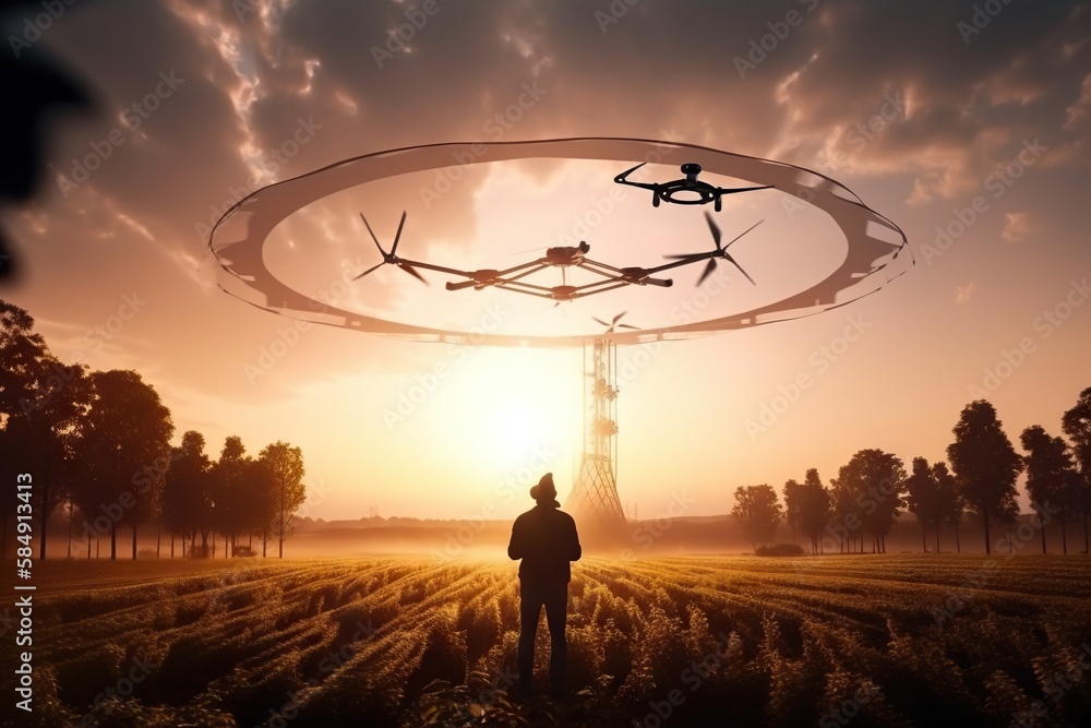 Poster a man standing in a field with a flying object above him solar farm aerial photography robotics engi