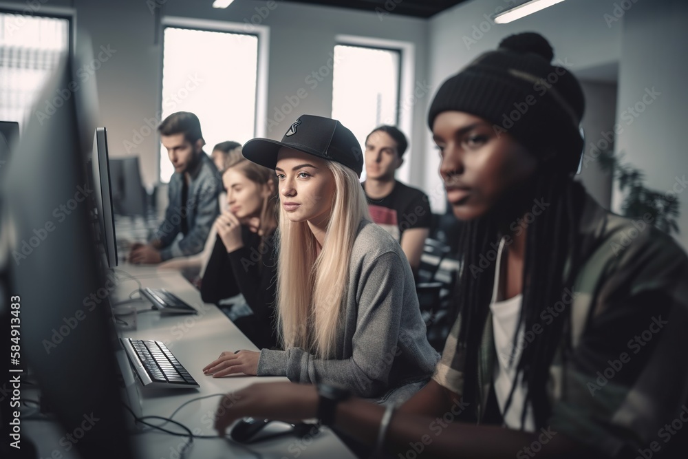 Poster a group of people sitting at a desk with a computer on it classroom advertising photography employee