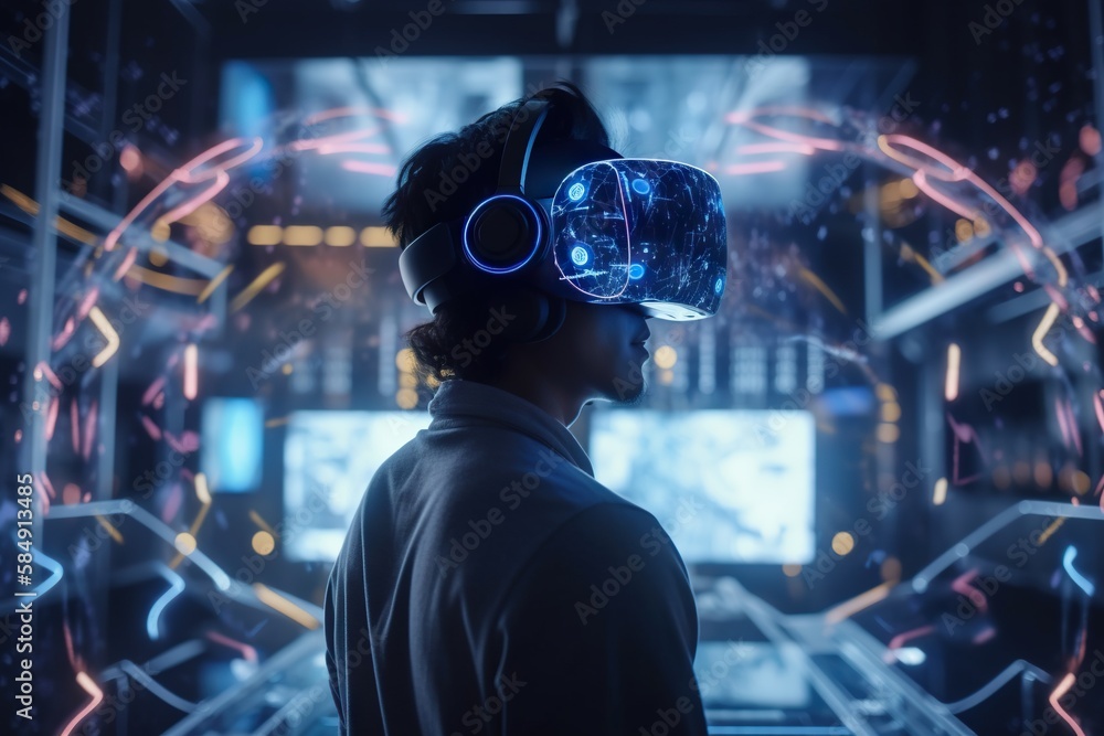 Poster a man wearing a virtual reality headset in a futuristic setting workshop stereoscopic photography vi