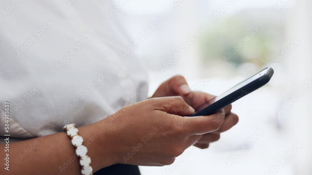 Poster woman hands, business and typing on cellphone in office, online app and web contact. closeup worker,