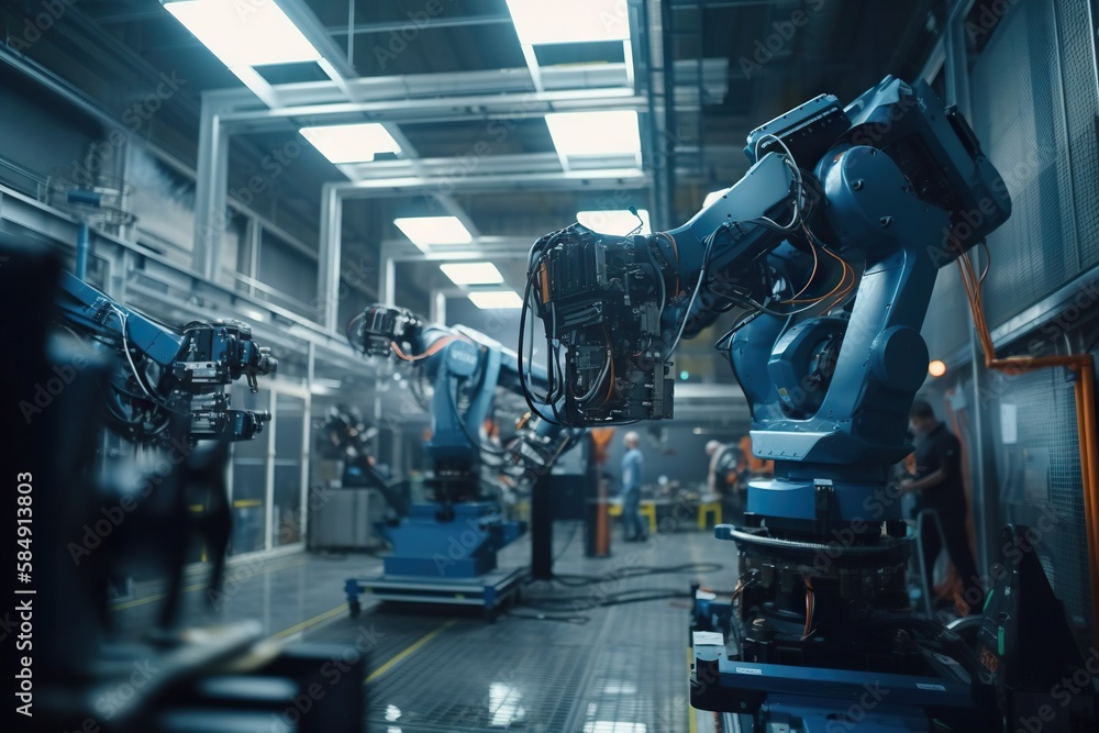 Poster a factory with robots working on machinery in it's assembly line factory constructivism robotics eng
