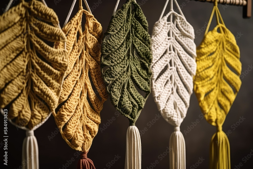 Poster Yellow, white, green, and natural macrame leaves wall hanging on wooden pole. Decorate with cotton rope macrame. Copies. Generative AI