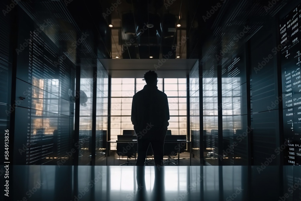 Poster a man standing in a dark room with lots of windows and a lot of data newsroom video art set design g