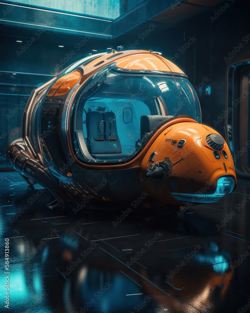 Poster a futuristic looking orange vehicle sitting on a tiled floor in a building aquarium photorealism com