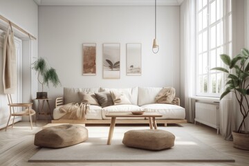White walled living room with couch and décor. Generative AI