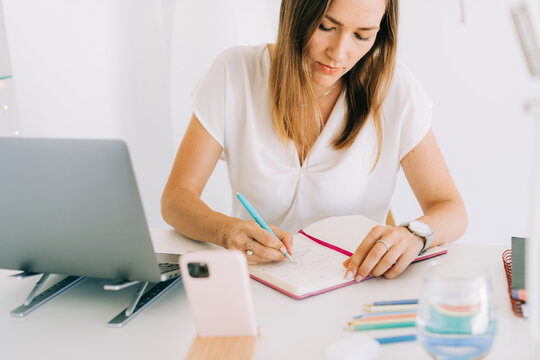 Woman focused while drawing a mind map in her notebook