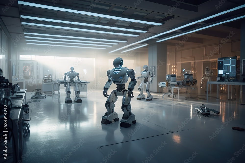 Poster a group of robots standing in a room with a table and chairs workshop advertising photography roboti