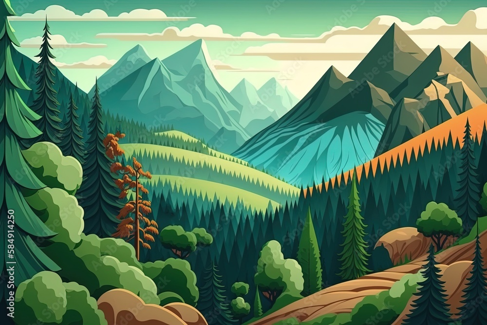 Poster overhead picture of a mountain range and its forested slopes generative ai