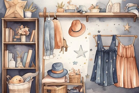 Eco friendly watercolor nursery. Cute hand painted kids' room décor. Girl clothing, hat, and star on white shelf. Print, greeting card, baby shower invitation illustration. Generative AI