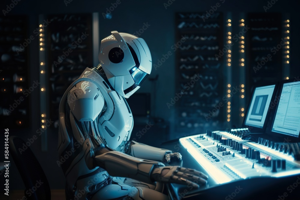 Poster A Robot Sitting At A Desk With A Keyboard And Monitor In Front Of Him Recording Studio Performance Photography Robotics Engineering