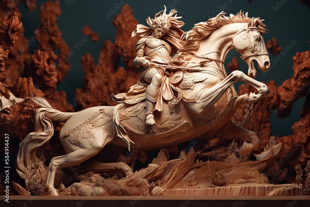 Poster a statue of a man riding a horse in a forest of trees desert wood carving art modeling generative ai