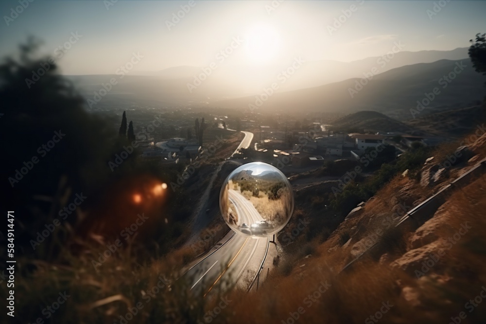 Poster a view of a road and a mountain with a mirror ball in the middle oasis panoramic photography environ