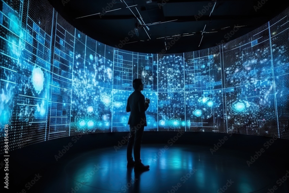 Poster a person standing in front of a wall with a lot of lights science museum panoramic photography data 