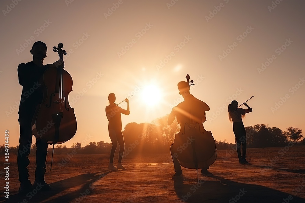 Aufkleber a group of people playing instruments in the sun setting in a field desert oasis at sunset performan