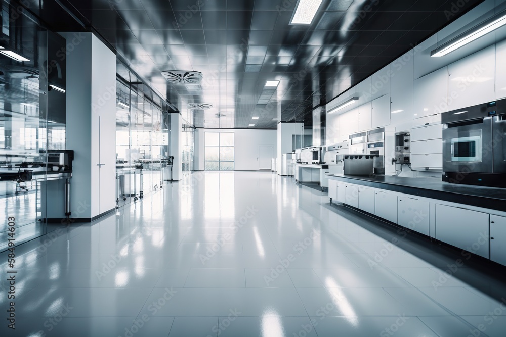 Poster a large room with a lot of cabinets and counters in it workshop constructivism manufacturing plannin