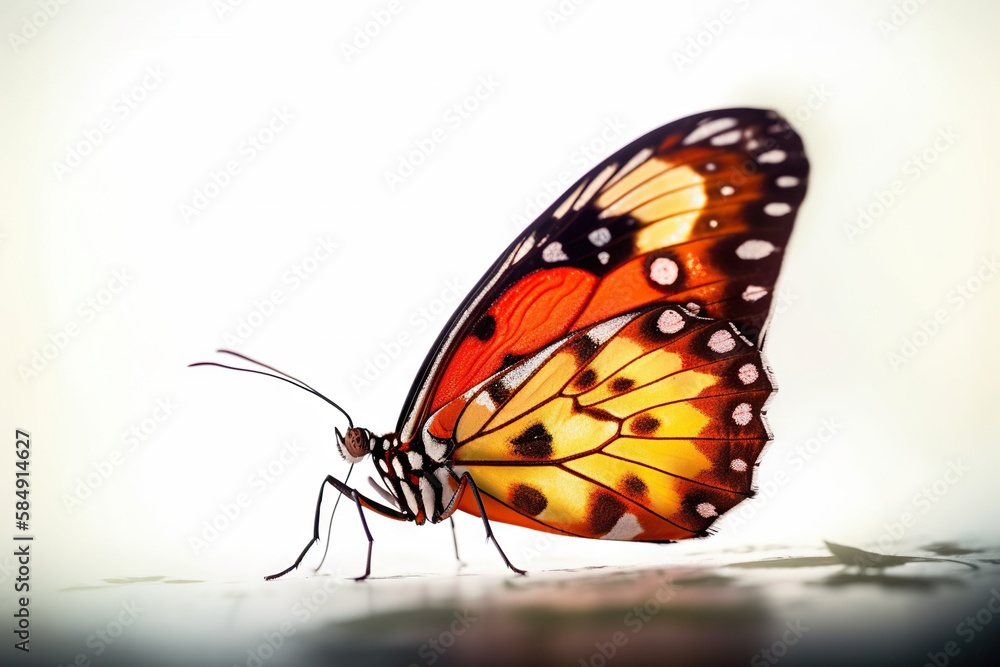 Poster a butterfly with orange and black wings on a white surface with a light reflection zoo macro photogr