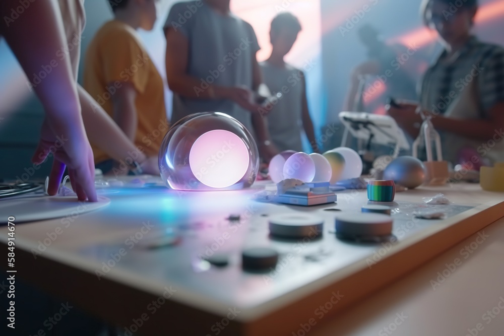 Poster A Group Of People Standing Around A Table With A Light On It Arcade Kinetic Art Consumer Electronics Generative AI 