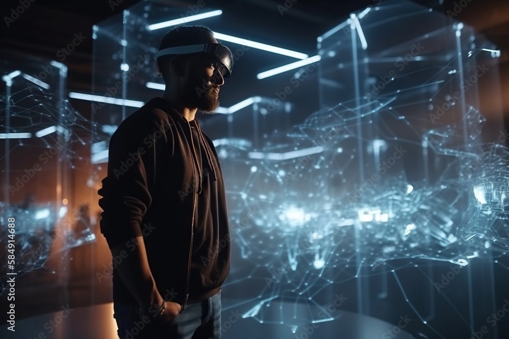 Poster a man standing in front of a display of futuristic objects in a dark room workshop stereoscopic phot