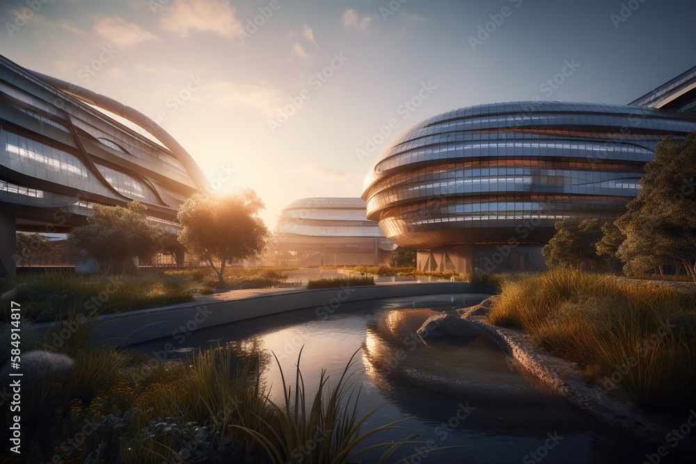 Poster a futuristic building with a river running through it and a sunset in the background university camp