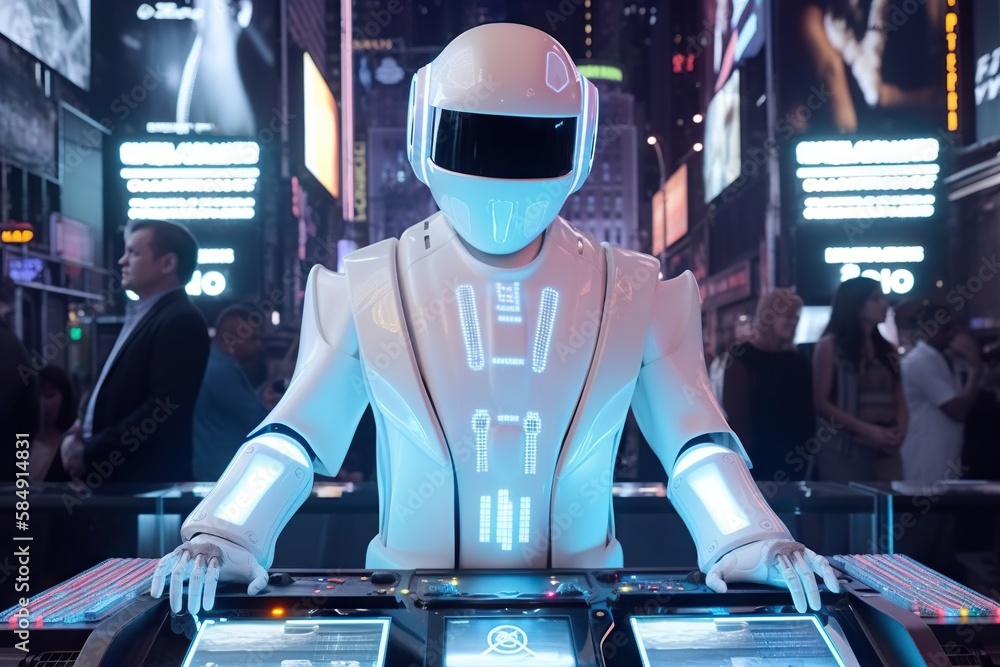 Poster a robot sitting at a table with a lot of people in the background arcade advertising photography rob
