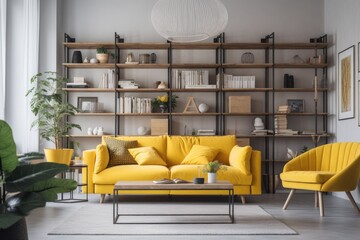 contemporary sofa and bookshelf living room. Generative AI