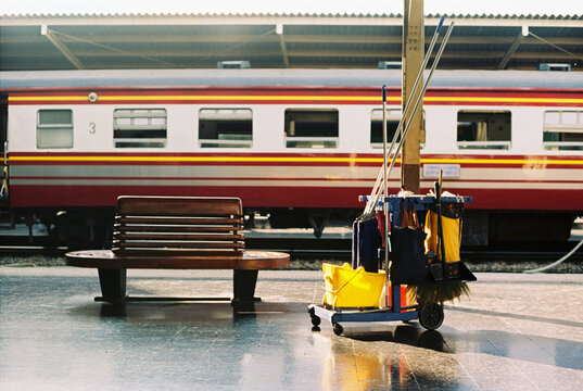 Cleaning equipment on platform of railway station 