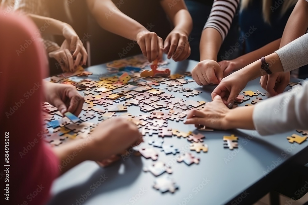 Poster a group of people are playing a puzzle together on a table workshop assemblage employee training and